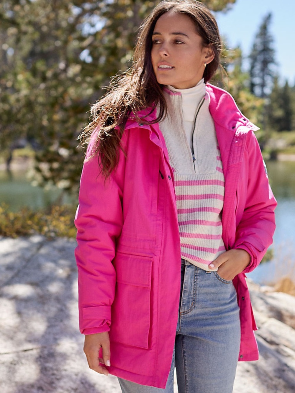DRIFTER zip-up sweater in Striped Deep Orchid Pink, Size Medium (10-12)